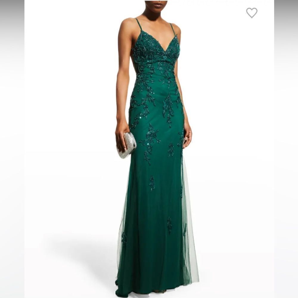 Faviana Hunter Green V-Neck Gown w/ Beaded Applique